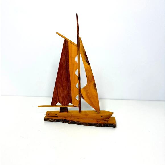 Vintage Handmade Wooden Sailboat Decor Nautical Ship Art 7x7" 7" Tall - Picture 2 of 4